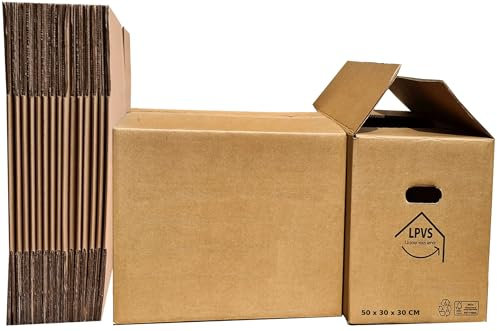 Lot 20 Cartons de Déménagement - Fabricant Français - Résistance Extrême 25 kg - Grosse Épaisseur avec Poignées Renforcées - Réutilisable - 50 x 30 x 30 cm - LPVS