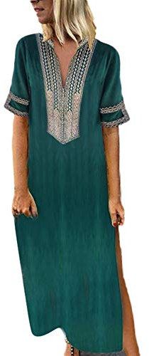 Ni_ka Maxi Dress Col en V Sexy Kaftan Femme Grande Taille Chic Fine Robe Fendue à Manches Courtes éTé Noir Rose Vert XXL