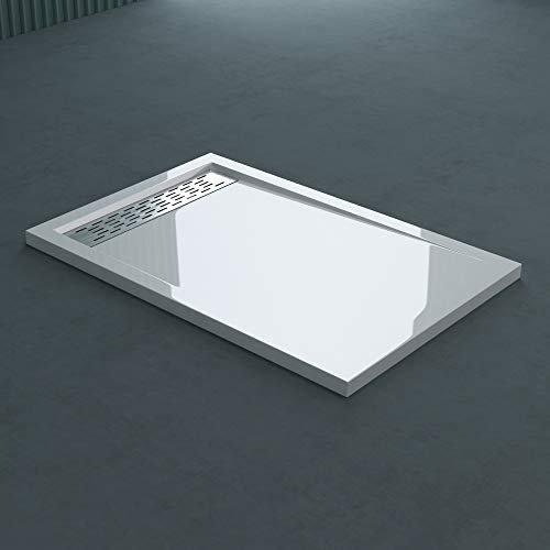 doporro Receveur de Douche Blanc Bac à Douche Extra Plat Rectangulaire en Acrylique 90x100x5cm + Bonde AL01 Design Xetro04