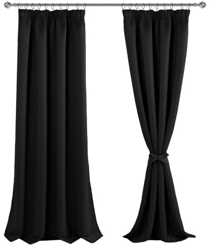 JIUZHEN Verdunklungsvorhänge Gardinen mit kräuselband Vorhang Blickdicht Gardinen Wohnzimmer Vorhänge Schlafzimmer Thermovorhang Schwarz,H245 x B140 cm,2er Set
