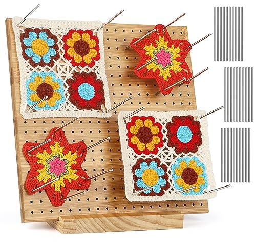 Aeelike 28 cm Granny Square Spanner mit 30 Edelstahl-Stabstiften, Handcrafted Wooden Blocking Board Häkeln, Sperrbrett für Granny Square, Sperrbrett Häkeln Holz mit 1 Stand, 1 Gelb Aufbewahrungsbox