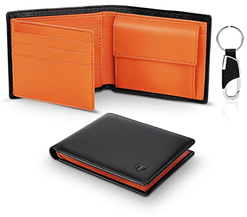 TEEHON® Portafoglio Uomo Slim Vera Pelle Blocco RFID, con Tasca Portamonete,2 Scomparti Banconote,10 Porta Carte di Credito, Portachiavi. Portafogli Piccolo Sottile-nero e arancione