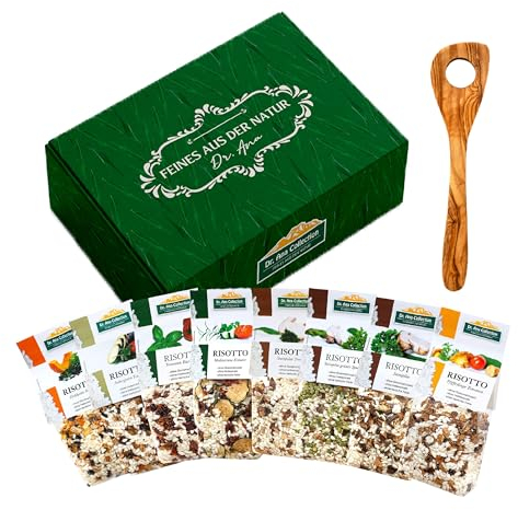 Dr. Ana Collection 8 vegane Risottos inkl. Risotto-Löffel aus Olivenholz | Feinkost Geschenkset | Geschenkkorb gefüllt mit Feinem aus der Natur | italienische Spezialität