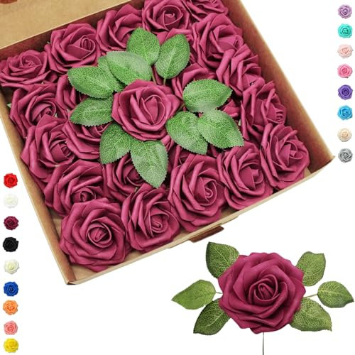 COSORO 25 Stück Weinrot Künstliche Blumen Rosen,Deko Blumen Realistisch Schaumrosen mit Stielen Basteln für Bouquet Brautstrauß,Hochzeit,Geburtstagsdeko,Heimdekoration,Arrangements Party Deko,Garten