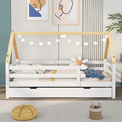 Letto per casetta sull'albero 200 x 90 cm, letto singolo, letto estraibile, letto scorrevole con ruote inferiori, in legno massello, bianco