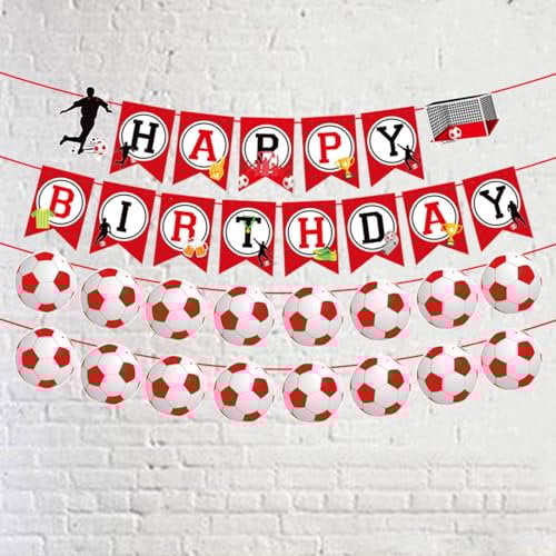 bng-bng Football Birthday Decoration Red Football Soccer Happy Birthday Banner Bunting Hanging Bunting Garland for Boys Girls Kids Football Fans Birthday Party Decor Red