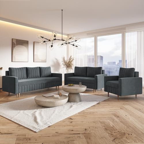 MOTIVENA Leo Sofagarnituren, Sofa Set 3 2 1 Wohnzimmer, Sofa 3 2 1 Set, Couch Set, Futon Set, Wohnzimmer Couch Set, Couch 3 2 1 Set, Taschenfederkern (H3), Samt, Grau Anthrazit
