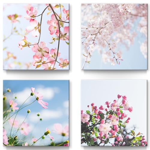 BilderKing Wandbilder Set Frühlingsblumen Frühblüher - 30cm x 30cm, 4er Set Leinwand auf Fertigrahmen + Aufhänger
