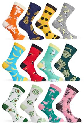 Basic Treasure 12 Paar Lustige Socken - Happy Socks aus Baumwolle, Bunte Socken mit Witzigen Motiven, Damen und Herren (DE/NL/SE/PL, Numerisch, 39, 42, Regular, Regular, Tropisch)