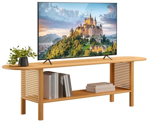 HollyHOME Fernsehschrank Lang Fernsehtisch TV Bank 2-stöckige 140cm, TV Schrank mit Rattan-Bambus TV Lowboard TV Table für Wohnzimmer und Schlafzimmer, Natürlich