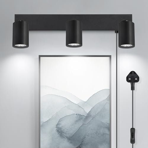 TaFiCo 3 Way Black Plug in Wall Lights GU10 - Modern Wall Lamp with Plug 350° Adjustable - 50W Indoor Plug in Wall Light for Bedroom Living Room Kitchen Desk Picture - Bulb Not Included