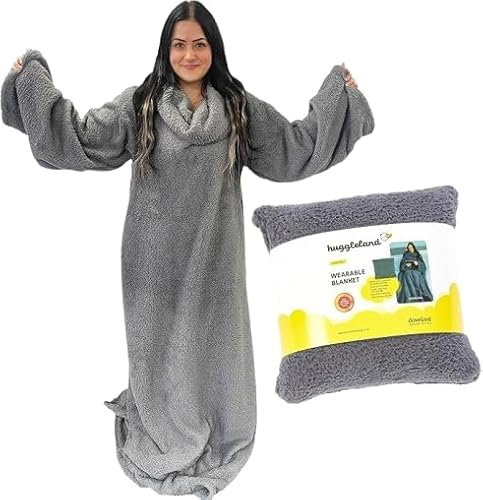 Huggleland Teddy Fleece Wearable Blanket – Oversized Cozy Blanket with sleeves, Heated Throw, Warm Fluffy Fleece, Gifts for Women, Gifts for her, Sofa Throw, birthday gifts for women (Charcoal)