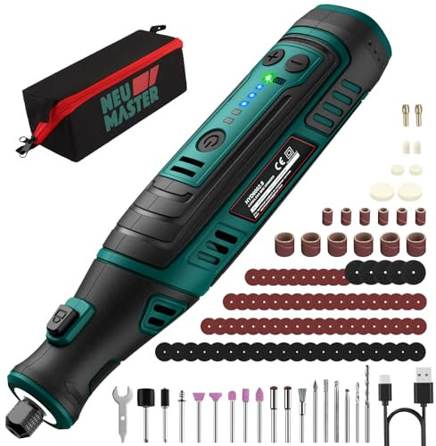 NEU MASTER 8V Cordless Rotary Tool Kit, Power Rotary Tool with 2.0Ah Batttery, 117pcs Accessories, 30000RPM 5-Speeds LED Light, Multi Power Carving Tools for Sanding, Polishing, Drilling, Cutting
