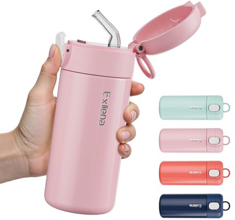 Exllena 300ml Small Water Bottle with One-Touch Soft Straw Lid, Double-Wall Vacuum Insulated Small Flask for Hot&Cold Drinks–Leak-Proof, Mini Water Bottle for Handbag, Yoga, Sport (Pink)