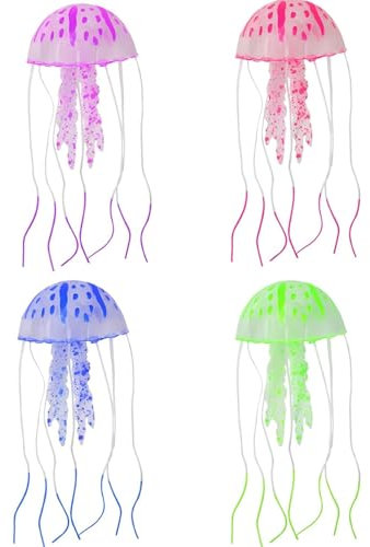 XJKLBYQ 4pcs décorations de méduses, Jouet Flottant Artificiel de méduse Brillant pour l'eau Douce et Eau salée, Mini Silicone Doux Faux pour Un Grand Petit Aquarium, décoration