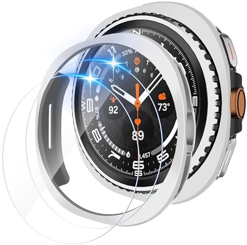 2+2 Stück Hülle mit Schutzfolie für Samsung Galaxy Watch 8 Classic 46mm Schutzhülle, Gesamt Schutzhülle, Hart PC Bumper + HD Anti-Beschlag gehärtetes Glas, Wasserdichtes Schutzfolie, Silber