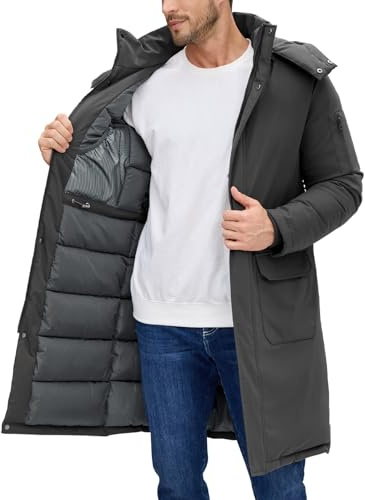 Voqeen Vinterjacka Herr Lång Varm Termisk Vadderad Parkas Jacka Med Avtagbar Huva Dragkedja Kappa Och Arbete Fickor Vindtät