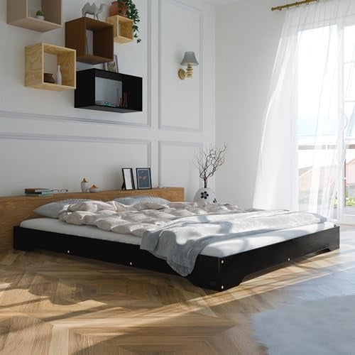 smartwood Bett 160x200 cm mit Lattenrost, Holz, Schwarz, TILA 7 | Bettgestell, Doppelbett aus FSC-Kiefernsperrholz, Belastbar bis 300 kg, Einfache Montage, abgerundete Kanten, Skandinavisch