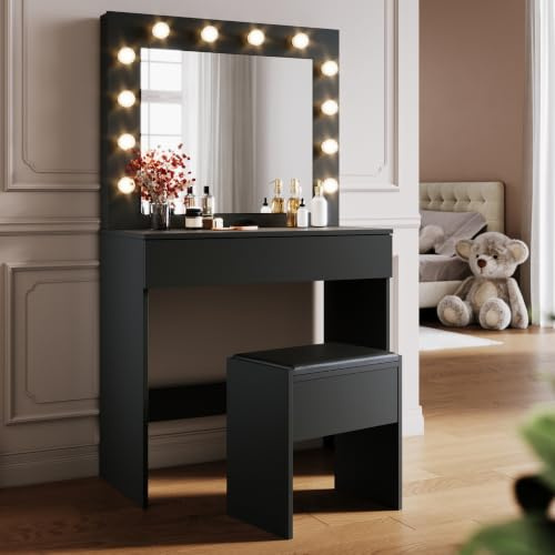 SONNI Schminktisch mit Hocker, LED, Frisiertisch Kosmetiktisch, 80x40x140cm | Kommode mit Schubladen, Spiegel, 10 Einstellbarer Helligkeit, 3 Farben, Moderner Schreibtisch für Frauen Schlafzimmer Schwarz