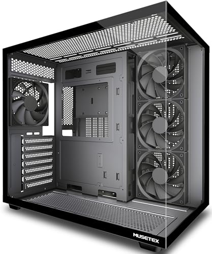 MUSETEX Y6 PC Case, Pre-Installed 4 Non-LED Fans, ATX Mid Tower Case, Computer Case with Type-C, 270° Full View Tempered Glass, Black