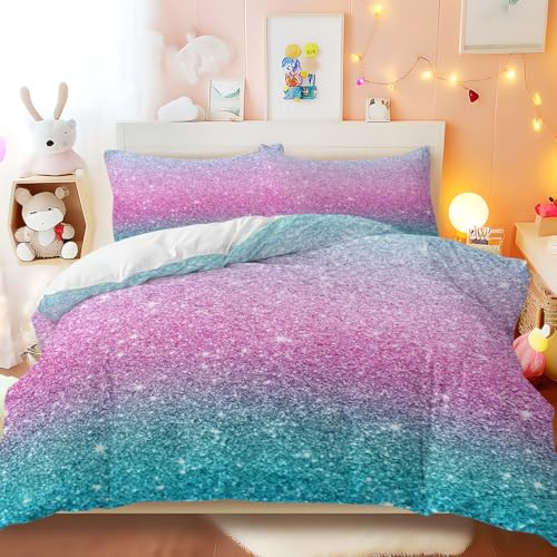 Blessliving coloré Paillettes Parure de lit Girly Bleu turquoise Rose et violet Couleurs pastel Housse de couette lit 3 pièces Trendy s'Étale, rose, Double