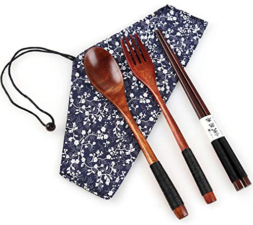 Wooden Chopsticks Spoon Fork Set, Japanese Style Tableware Travel Chopsticks Utensils with Pouch for Camping,Picnic,Office or Home (Style A)