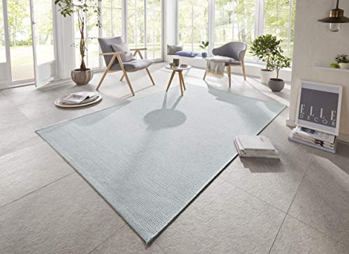 Elle Decoration Millau In- und Outdoor Teppich 80x150cm – Kurzflor Wetterfest Wasserfest Modern Unifarben Design für Terrasse Balkon Wohnzimmer Schlafzimmer Esszimmer Küche Flur in Hellblau Creme
