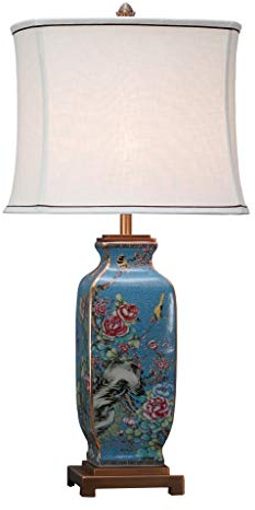 Fine Asianliving Chinesische Tischlampe Porzellan mit Leinen Schirm Handbemalt B16xT16xH72cm mit Lampenschirm E27 China Orientalische Tischleuchte Keramik Nachttischlampen Asia