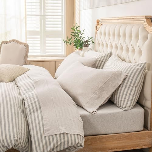 PURE ERA Jersey Knit 4pc Bed Sheet Set 100% T-Shirt Heather Cotton Super Soft Comfy Breathable Fits Mattress Up to 20 Extra Deep Pocket (Heather Beige, King)