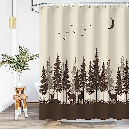 RosieLily Hirsch-Duschvorhang, rustikaler Duschvorhang für Badezimmer, Hütte, Wildtiere, Waldjagd, Duschvorhang-Sets, Wald-Elch-Muster auf braunem Badezimmervorhang mit 12 Haken, 183 x 183 cm (B x H)