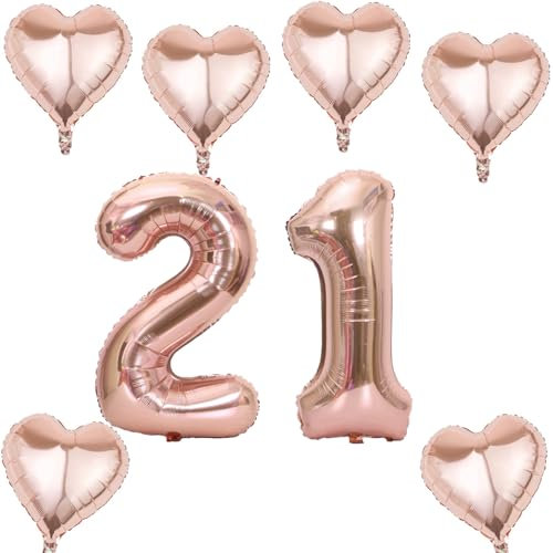 Roségold Zahlen Luftballon 21 +6 pcs herz Heliumballon 21. Geburtstag Deko für Frauen,40 Roségold Riesen Folienballon 21 für 21 Jahre Geburtstag deko, Helium Zahlenballon 21