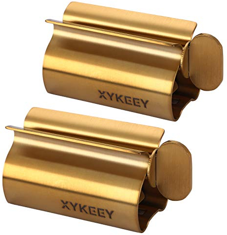 XYKEEY Toothpaste Tube Squeezer - Set of 2 Toothpaste Squeezer Rollers, Metal Toothpaste Tube Wringer Seat Holder Stand (Matt Gold)