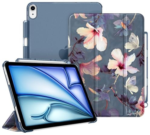 FINTIE Custodia per iPad Air 11 Pollici M3/M2 (2025/2024), iPad Air 5a/4a Gen 10,9 Pollici (2022/2020) con Portapenne - Sottile Leggero Opaca Trasparente Cover con Auto Sveglia/Sonno, Hibiscus