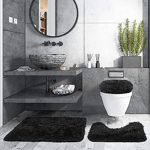 ETOPARS Lot de 3 Tapis Salle de Bain Doux et Absorbants Antidérapants Tapis de Toilette WC Contour Séchage Rapide Lavable en Machine (Noir)