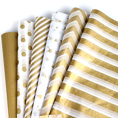 SAVITA 60 Blatt 35x45cm Gold Weiß Metallic Seidenpapier, Metallic Geschenkpapier Seidenpapier für Weihnachtshochzeiten Geburtstagsfeier Duschen DIY Arts Crafts (6 Stile)