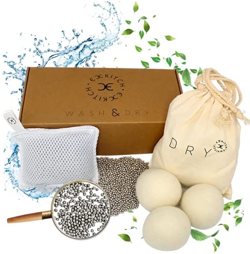 EXKITCH® Pack 2-en-1 Écologique – Alternative à la Lessive + Boules de Séchage en Laine – Réutilisable 350 Lavages – Zéro Déchet, Hypoallergénique, Bébé & Peaux Délicates