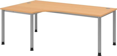 bümö höhenverstellbarer Eckschreibtisch H-Serie 200x120 cm in Buche, Gestell in Silber - Schreibtisch L Form, großer Tisch für's Büro, Computertisch höhenverstellbar