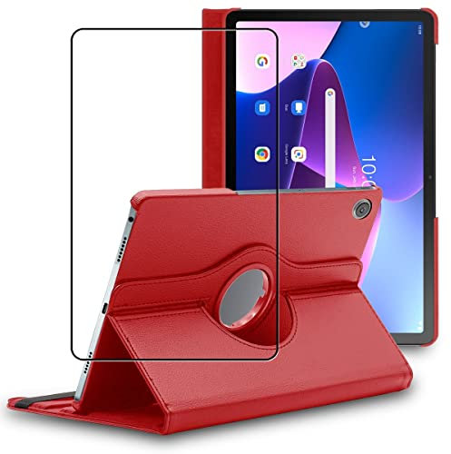 ebestStar - Coque pour Lenovo Tab M10 Plus 10.6 (Gen 3), Etui Rotatif 360, Housse Protection PU Cuir, Rouge + Verre Trempé