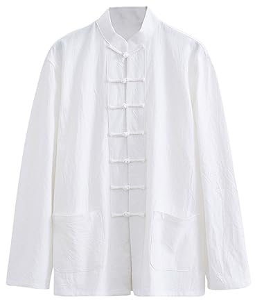 ZHOUXIAO Losen Tang Anzug Bequeme Baumwollwäsche Kampfkunstanzug Männer Chinesische traditionelle Kleidung, atmungsaktive Kung -Fu -Uniformen Tai Chi Kleidung Langarm Hemd White-5XL