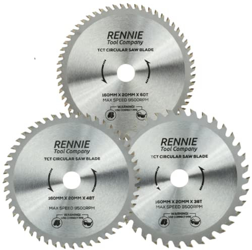 Rennie Tools - Pack Of 3-160mm x 36T, 48T And 60T x 20mm Bore. 160mm Circular Saw Blades Medium/Fine Finish. Fits Bosch Festool TS55 Makita Ryobi Dewalt Circular Saws etc, TCT Carbide Tipped