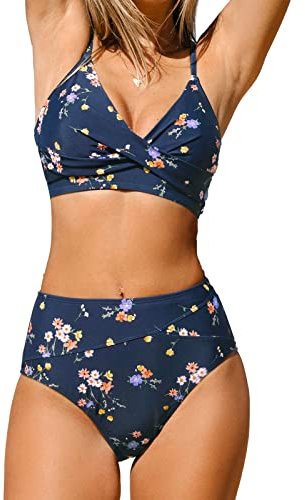 CUPSHE Damen Bikini Set Crossover V Ausschnitt High Waist Bikini Bademode Wickeloptik Blümchenmuster Zweiteiliger Badeanzug Swimsuit Marineblau/Blumen L