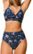 CUPSHE Damen Bikini Set Crossover V Ausschnitt High Waist Bikini Bademode Wickeloptik Blümchenmuster Zweiteiliger Badeanzug Swimsuit Marineblau/Blumen L