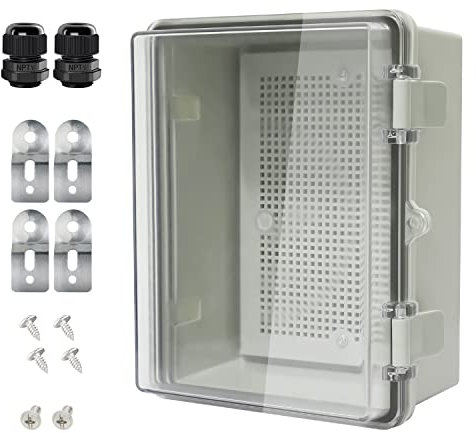 HoHaing Junction Box IP65 Waterproof ABS Plastic Enclosure Hinged PC Clear Cover Electrical Project Box with Mounting Plate, Wall Brackets, Cable Glands 8.7x 6.7 x 4.3(220 * 170 * 110mm)
