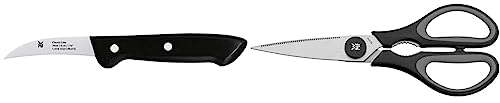 WMF Classic Line Schälmesser 16 cm, Spezialklingenstahl, Kunststoffgriff, Klinge 6 cm & Touch Küchenschere 21 cm, Haushaltsschere mit Sägeschliff, Schere Küche, Cromargan Edelstahl, Softgriff, schwarz