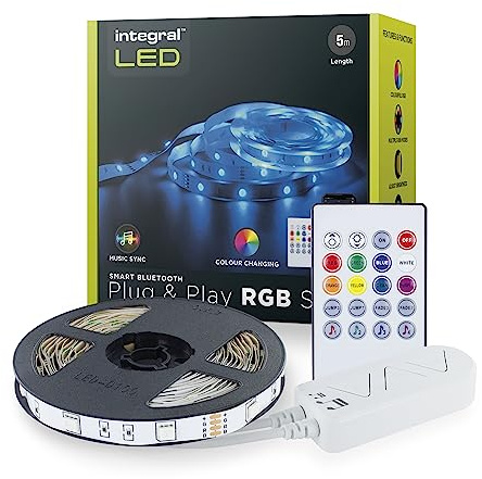 Integral LED 5m RGB Strip Light with UK Plug Adapter & IR Controller, Plug & Play, Colour Changing, Dimmable with Bluetooth App and IR Remote Control - Adjustable Colour, Brightness and Music Sync