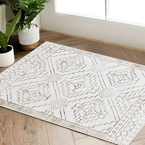 TOPICK Door mat 60x90cm Small Washable Soft Rug Short Pile Taupe Entrance Doormat Geometric Print Carpet Non Slip Lightweight Carpet for Kitchen Bathroom Living Room Bedroom