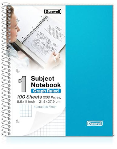 Dunwell Graph Paper Notebook 8,5 x 11 (Blau) Kunststoffeinband, 100 Blatt (200 Seiten), 4 x 4 Quadrate, 1 Fach Graph Paper Spiral Notizbuch, 1/4 Zoll Raster, Taschenteiler, perforiertes Papier, 3-fach