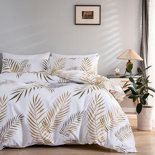 Set Housse de Couette 200x200 cm Tropicales Dorées Palmier Feuilles Botanique Imprimé Motif pour 2 Personnes,TT Global Doux Chic Microfibre Parure de Lit avec 2 x Taies d'oreiller 65x65 cm, Or Blanc