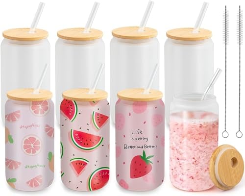 MSYU Sublimationsglasdosen, mattiert, 473 ml, Rohlinge, Sublimations-Bierdosenglas, Borosilikatgläser, Becher mit Deckel und Strohhalmen für Bier, Saft, Limo, Eiskaffee, Getränke, 8 Stück