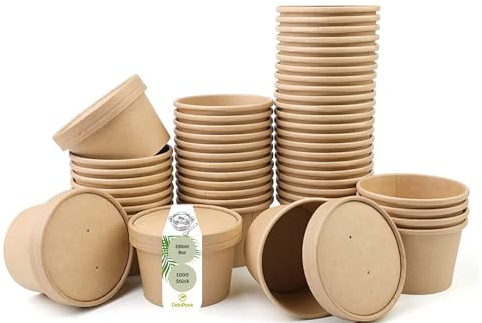 DeinPack Lot de 250 gobelets à soupe à emporter avec couvercle marron - 230 ml - Avec revêtement intérieur - 250 gobelets jetables bio avec couvercle - Biodégradables